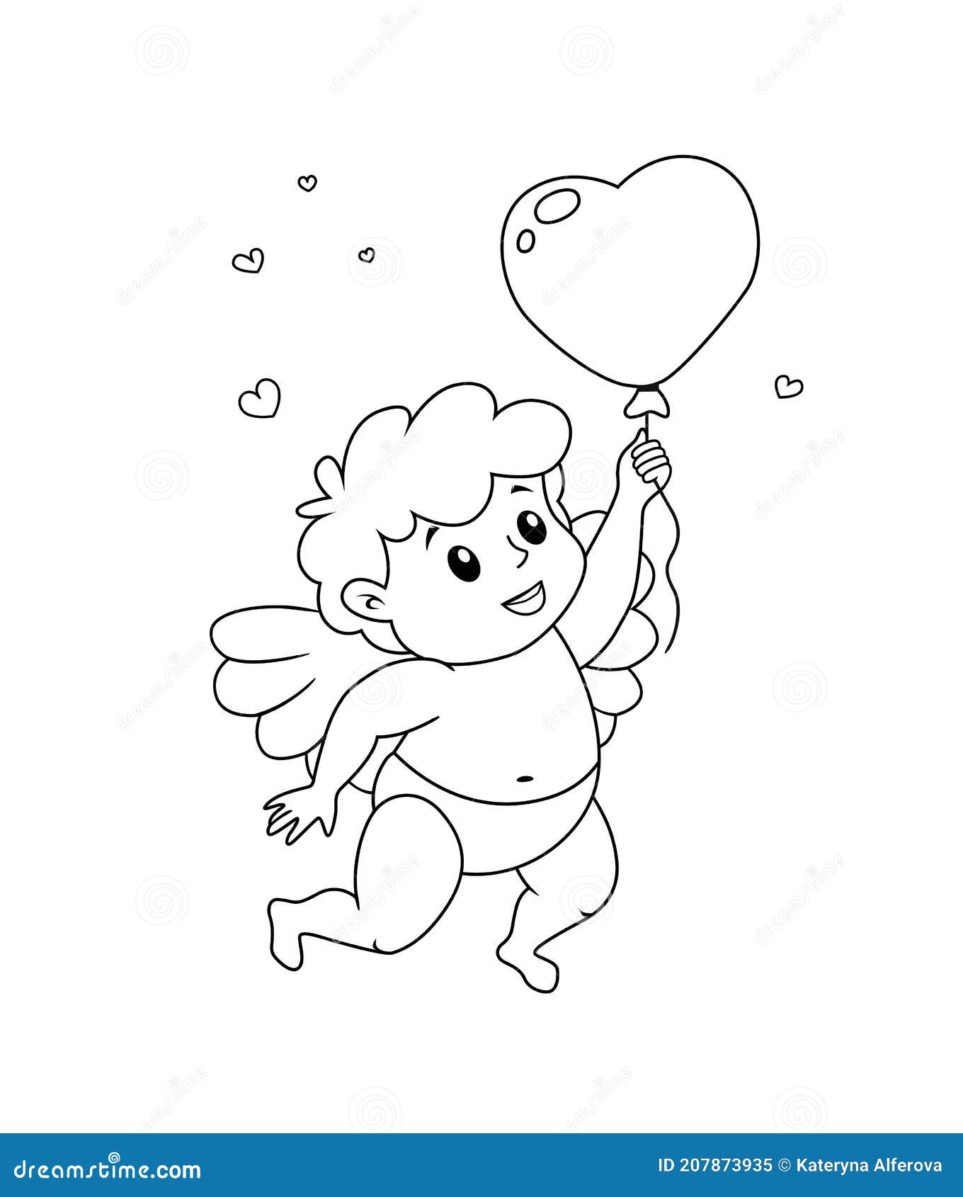 cute cartoon cupid with balloon in heart .  for a valentine`s day. black and white   for colori